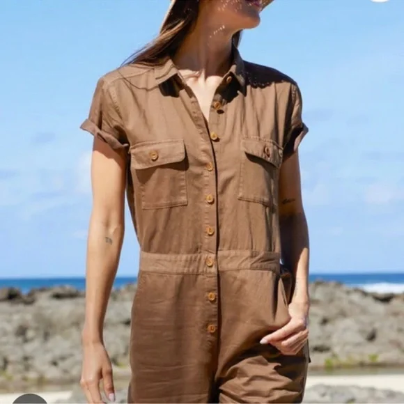 Outerknown SEA suit brown utility jumpsuit linen blend size XS NWT - Picture 2 of 9